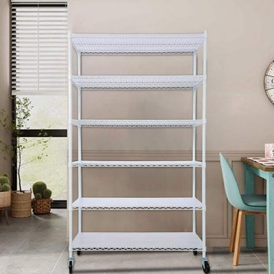 Amucolo 6-Tiers White Heavy Duty Metal Adjustable Garage Storage Shelving Unit with Wheels (48 in. W x 84 in. H x 20 in. D)