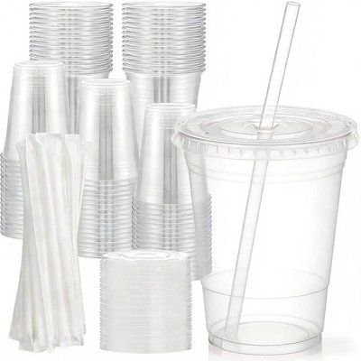 Numhew 16 oz. Clear Neutral Plastic Disposable Beverage Mugs (Set of 100) with Lids and Straws, Food Safe Leak Free for Drinks