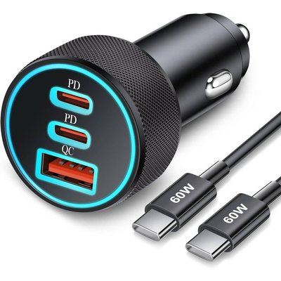 OBJLGEV 67W 3-Port Fast Type C Car Charger USB C PD/QC Adapter Samsung Galaxy and iPhone 16/15 Pro Max plus 3 ft. USB-C Cable