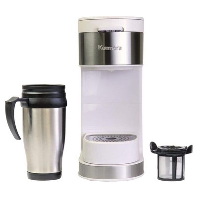 KENMORE Programmable Single Serve Cup White Stainless Steel Black Coffee Maker with Touch Controls.