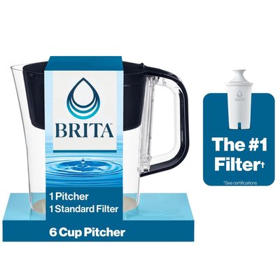 Brita Denali 6 -Cup Small Water Filter Pitcher in Black with 1-Standard Filter, BPA Free