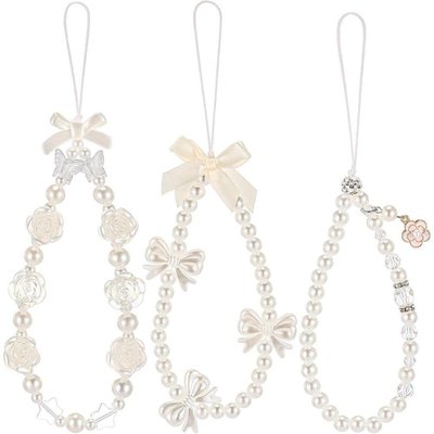 OBJLGEV 3 Pcs Beaded Pearl Butterfly Phone Wrist Strap with Cute Flower Y2k Lanyard for Camera Keychain Wallet Decor