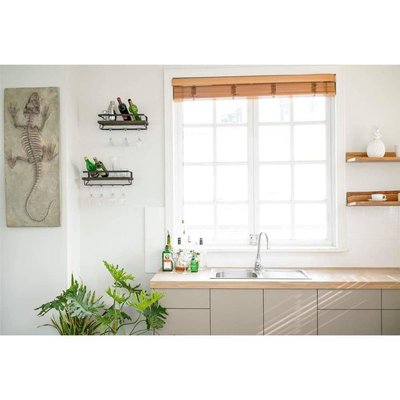 Wudkey Vintage Rustic Wood Finish Wall Mounted Stemware Rack Set of 2, Floating Shelves with Glass Holder