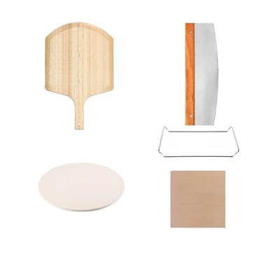Wudkey 5-Piece Round Pizza Stone Set, 13 in. Pizza Stone, Pizza Peel (OAK), Serving Rack, Pizza Cutter, 10-Pcs Cooking Paper