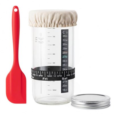 JFVKAF 32 oz. Glass Sourdough Starter Jar Fermentation Kit with Thermometer, Feeding Band, Lid and Cover, 1 Pack