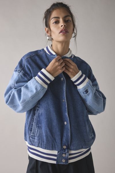 Starter Colorblock Denim Varsity Bomber Jacket in Mixed Wash, Women's at Urban Outfitters