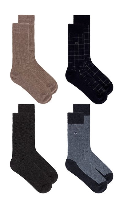 Calvin Klein 4 Pack Textured Flatknit Dress Crew Socks in Blue.