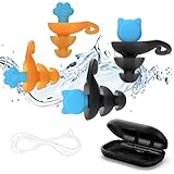 Ear Plugs for Swimming Kids, 2 Pairs Swimming Ear Plugs for Kids (3-16 Years Old), with Anti-Lost Silicone Cord, Perfect for Swimming, Outdoor Water Sports, Showering, Bathing (Orange+Black)