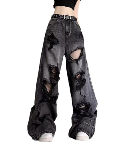 Baggy Jeans for Women Men Ripped Straight Leg Pants High Waisted Distressed Jeans Y2K Grunge Summer Clothes. Small Black3
