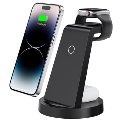 3 in 1 Charging Station for iPhone, Wireless Charger for iPhone 17 16e 16 15 14 13 12 11 X Pro Max & Apple Watch - Wireless Charging Station for AirPods 4 3 Pro Black