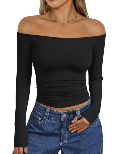 Trendy Queen Womens Long Sleeve Off The Shoulder Tops Going Out Cute Basic Y2K Fall Fashion 2025 Outfits Clothes Black Small