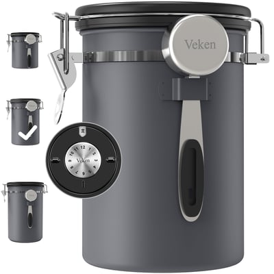 Veken Coffee Canister, Airtight Stainless Steel Kitchen Food Storage Container with Date Tracker and Scoop for Grounds Coffee, Beans, Tea, Flour, Cereal, Sugar, 22OZ, Gray Gray 22 oz