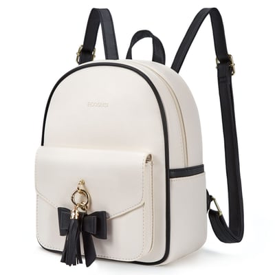 ECOSUSI Mini Backpack for Women Girls Cute Bowknot Small Backpack Purse Ladies Leather Bookbag Satchel Bag, with Charm Tassel Black&beige