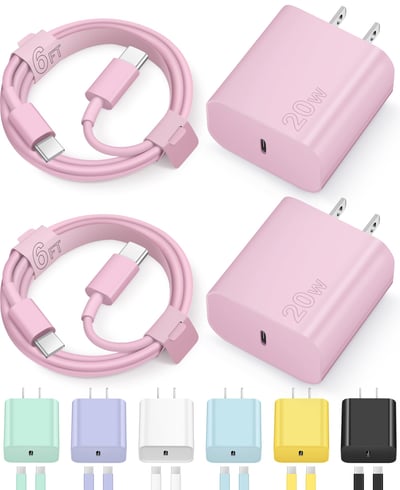 iPhone 17 16 15 Charger Fast Charging Type C Chargers USB C Charger Block iPhone Air Chargers with 2 Pack 6FT Cable for iPhone 17/17 Plus/17 Pro Max/16/16 Plus/16 Pro Max/15 Pro Max/iPad Pro(Pink)