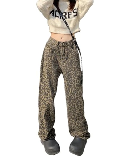 Unisex Y2k Baggy Jeans Leopard Print Jeans for Women Men Aesthetic Pants Vintage Oversize Denim Pants Cargo Pants Large Brown