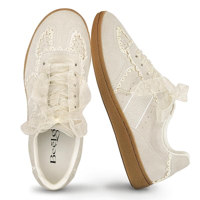 Casual Sneakers for Women Lace Detail – Elegant Ribbon Lace-Up Fashion Sneakers with Leather Upper Memory Foam Insole and Slip On Trendy Casual Shoes for Women 5.5 Beige