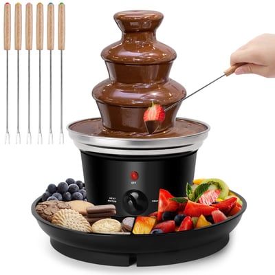 16oz Chocolate Fondue Fountain, 3-Tier MINI Chocolate Fountain with 6PCS Fondue Fork and Removal Fruits/Nuts/Treats Serving Tray for BBQ Sauce,Ranch,Nacho Cheese,Liqueurs Black