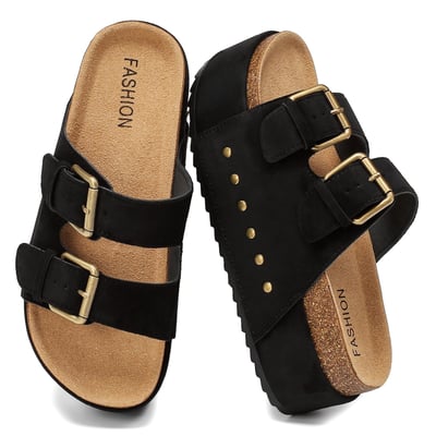 YorFotMae Women's Platform Sandals Cork Footbed with Double Buckles， Summer Chunky Wedge Sandals Wide Width Slides Comfort Beach Clogs Sandals Black 9
