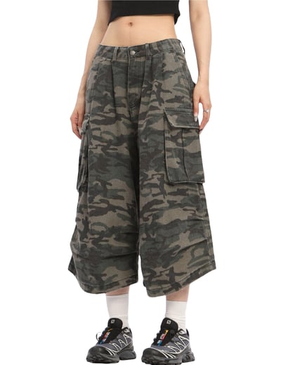 Mens Camo Cargo Shorts Y2k Baggy Long Jorts Hip Hop Bermuda Jeans Short Camouflage Shorts for Women Amry Green Medium