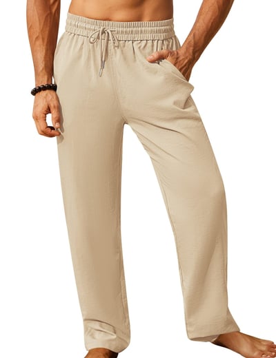 iWoo Mens Cotton Linen Drawstring Pants Elastic Waist Casual Jogger Yoga Pants Khaki Large