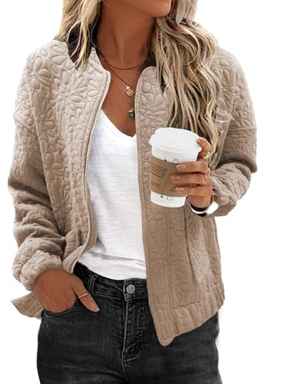 EVALESS Bomber Jackets for Women Spring Fashion 2025 Cute Jacquard Coats Lightweight Zip Up Jackets Dressy Casual X-Large Light French Beige