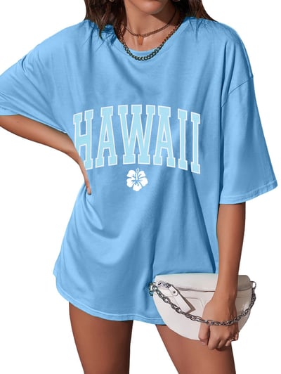 Hawaiian Shirts for Women Flower Shirt Oversized Graphic Tees Tropical Vacation Clothes Summer Vacation Tee Small Blue