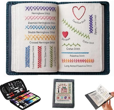Embroidery Stitch Book, Portable Sewing & Hand Embroidery Kit, Cross Stitch Kits, DIY Needlepoint Starter Set with Complete Toolkit & Instructional Tutorial for Adults & Beginners(1 Set)
