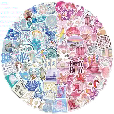 100pcs Coast Aesthetic Stickers for Girl, Cute Blue and Pink Ocean Beach Waterproof Vinyl Decal for Girl Teen Adult Student Water Bottle Laptop Phone Computer Skateboard Luggage Notebook