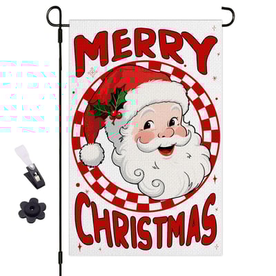 Christmas Garden Flag,12x18 inch Double Sided Christmas Santa Claus Burlap Flag,with Clips & Stoppers,Yard Outdoor Decor