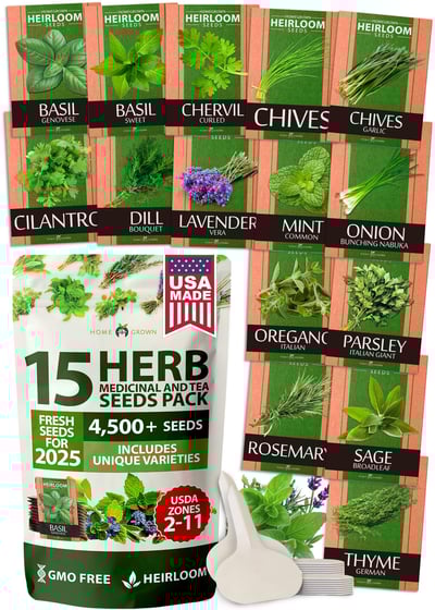 HOME GROWN 15 Herb Seeds for Planting 4,500+ Non-GMO Heirloom Seeds | Extra Large Variety Pack Herb Kit – Indoor Outdoor & Hydroponic | Culinary Seed Set | Grow Your Own Herbs | Gardening Gift 15-Pack