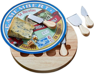 Occasion Round Hevea French Swivel Cheese Board With Glass Top Gift Set