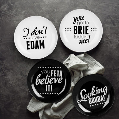 Orsina Set Of Four Cheese Plates,black & White Cheese Board Plates For Kitchen,serving Plates With Cheese Slogans