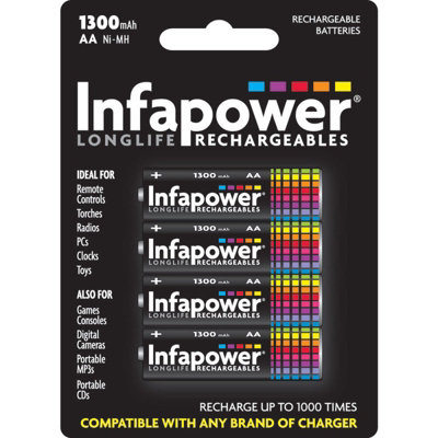 Infapower Rechargeable Aa Ni-Mh Batteries 1300Mah - 4 Pack