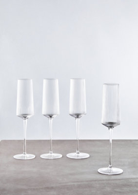 Orsina Set Of 4 Ribbed Champagne Glasses, Crystal Flutes With Slender Stem, Bubbly Glasses, Sparkling Wine Goblets