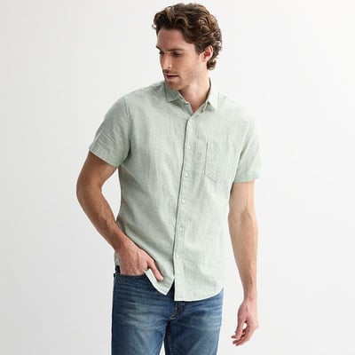 Men's Sonoma Goods For Life® Short Sleeve Perfect Length Linen Shirt, Size: XXL, Green Bay
