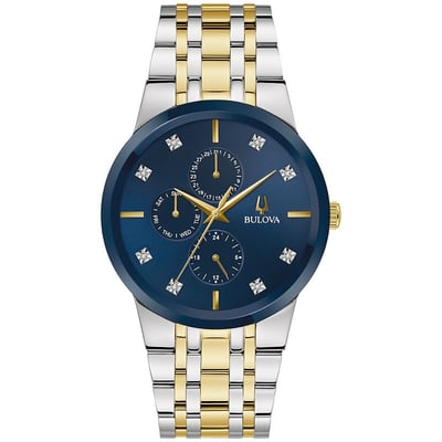 Bulova Men's Two-Tone Stainless Steel Multi-Function Diamond Accent Blue Dial Bracelet Watch - 98D180, Size: Large, Gold Silver