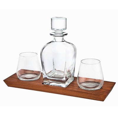 Godinger Silver Whiskey Decanter & Whiskey Glasses Bar Set on Wooden Display Tray, Multi None