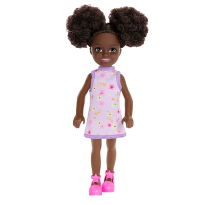 Barbie Chelsea Doll, Small Doll Wearing Removable Purple Floral Dress with Space Buns & Brown Eyes by Mattel, Chel Blck