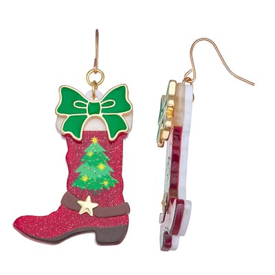 Unbranded Gold Tone Holiday Cowgirl Boot Earrings, Women's, Red