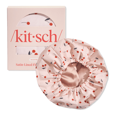 Cherry Print Satin-Lined Flexi Shower Cap by Kitsch