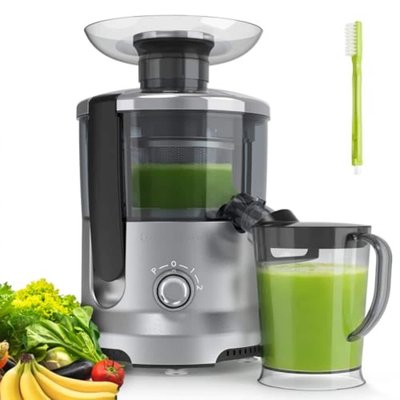 OOU Centrifugal juicer 500 watt equipped with a 2 inch feed opening and trays for vegetables and fruits featuring 3 speed rapid juicing function