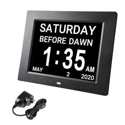 Yescom 8inch Large Digital LCD Day Clock 8 Alarm Dimmable Calendar for Elderly Dementia Wall Black | 06CLK001-8IN-06-LO