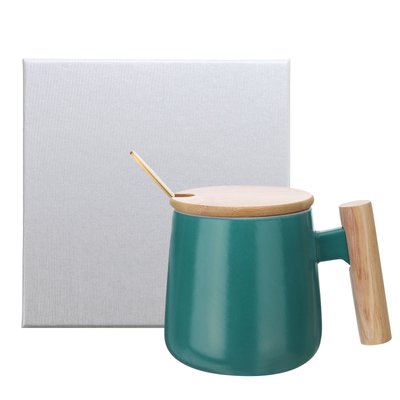 Harfington Ceramic Coffee Mug Set 12.85 Oz Simple Wooden Handle Large Tea Cup Handmade Ceramic Mugs Gift Box with Lid and Spoon for Office Kitchen