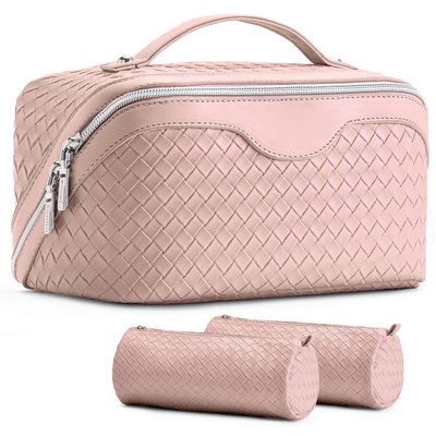Etokfoks Travel Makeup Bag Set Large Waterproof Vegan Leather Cosmetic Organizer with Compartments Handle Divider Light Pink | ETCG103109