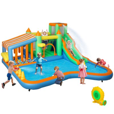 Qaba 8 in 1 Inflatable Bounce House with Water Slide Splash Pool 680W Blower Ball Pit Water Cannon Climbing Wall Toss Ring Basketball Hoop one_size