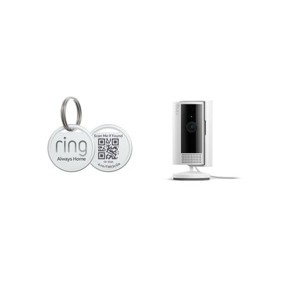 Ring Pet Bundle - Indoor Cam (2nd Gen) Plug-In Smart Security Wi-Fi Video Camera in White with Pet Tag QR Code for Real-Time Scan Alerts and a