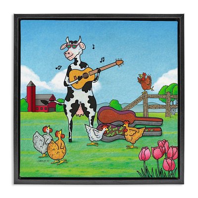 Stupell Industries Busking Cow with Audience Black Framed Floater Canvas Wall Art By Roger Straub 18 x 18 | BT-028-FFB-17X17