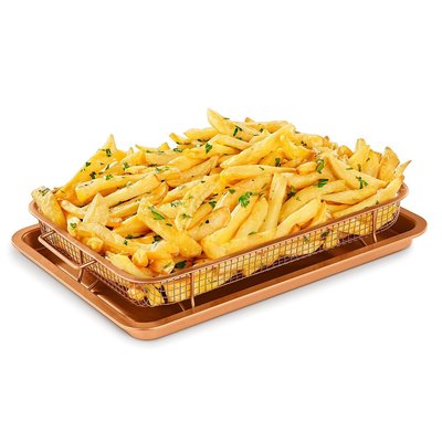 Bakken Swiss Air Fryer Tray 2 in 1 Nonstick Copper Crisper Air Fry Basket with Elevated Mesh Oven Safe Dishwasher Safe PTFE PFOA PFOS Free Extra