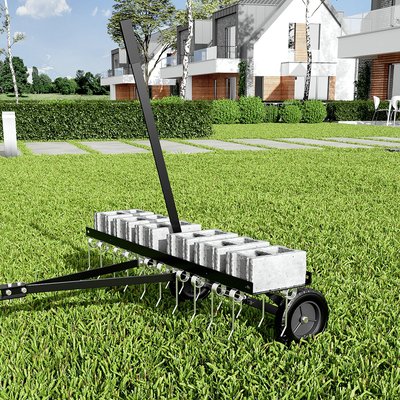 Homsee 40 Inch Tow Behind Dethatcher with 20 Galvanized Spring Steel Tines Pneumatic Tires and Hitch Pin for Lawn and Garden Tractor Rubber in Black