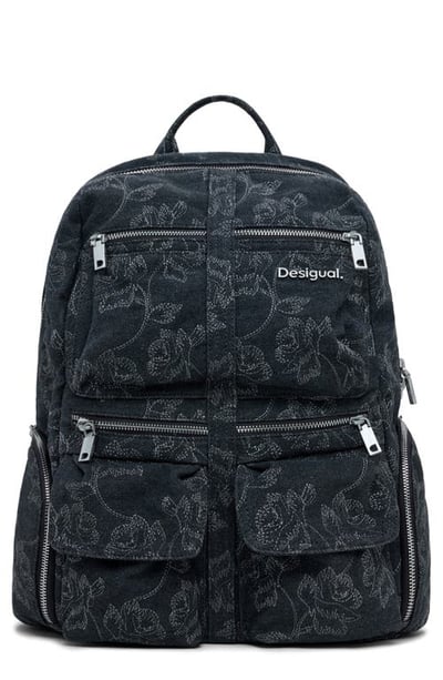 Desigual Large Embroidered Denim Backpack in Black at Nordstrom